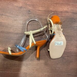 FINAL NEW LAST CHANCE SCHUTZ Cream and Blue Mid Heel Sandals